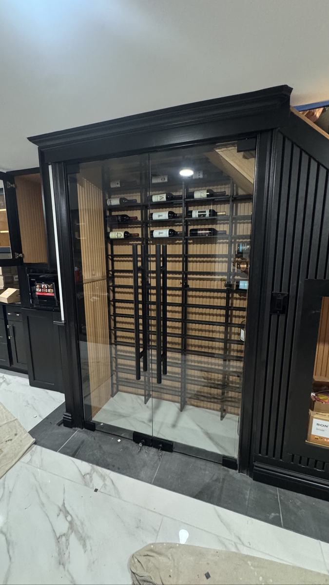 Black-framed glass wine display